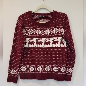 Polo Ugly Sweater Burgundy Reindeer Snow Flake Long Sleeve Sweater Women's Small